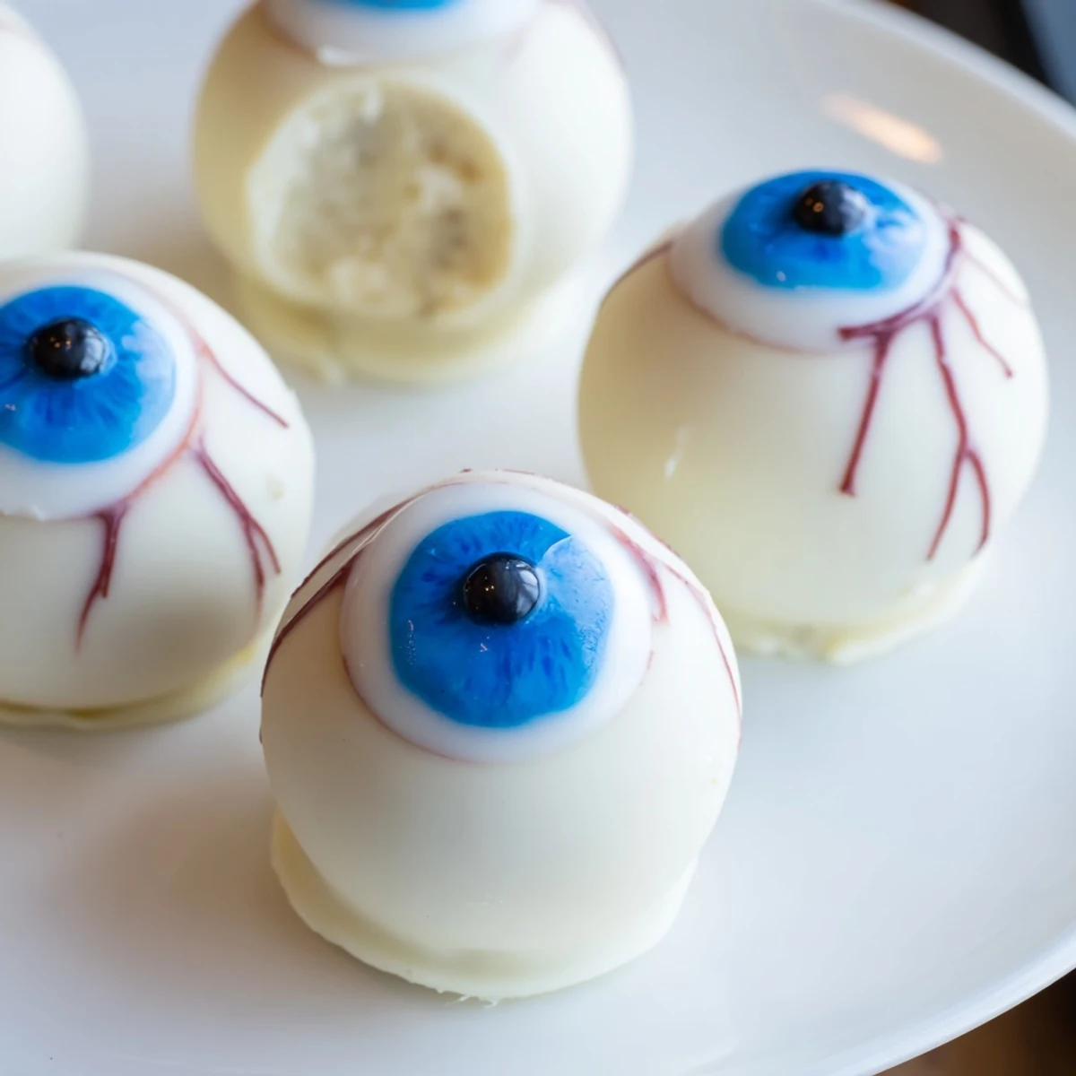 Creepy Halloween Cake Eyeballs with red veins and colorful irises on a dark platter
