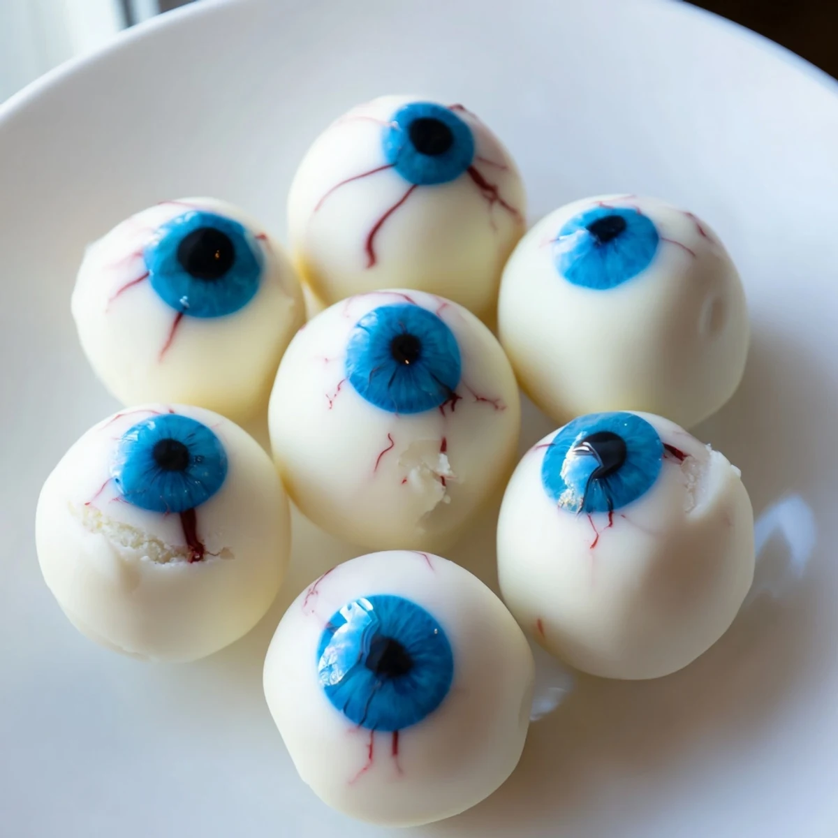 Smooth white chocolate coated Halloween Cake Eyeballs with glossy pupils and veiny details