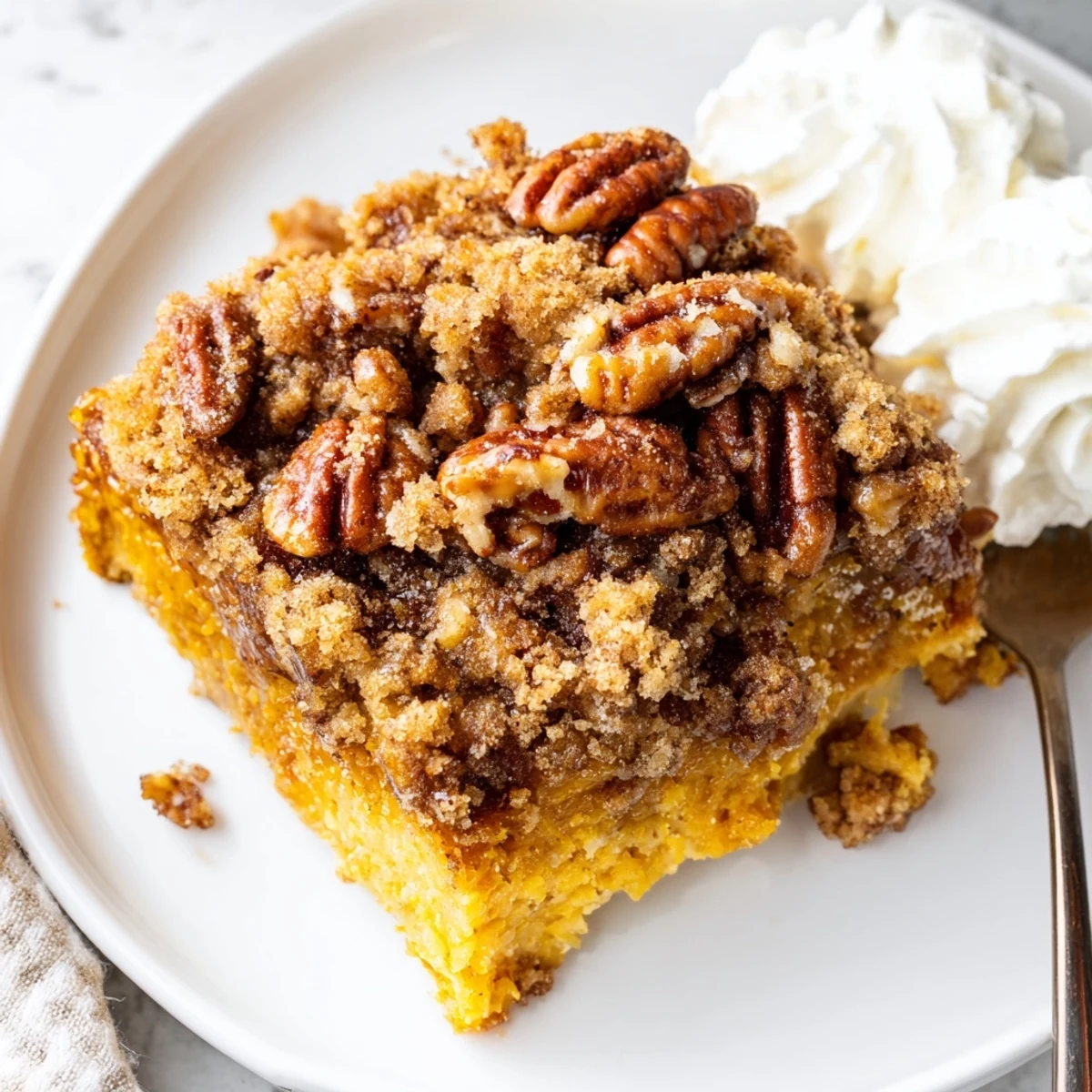 Golden pumpkin dump cake with buttery pecan topping served warm in a baking dish