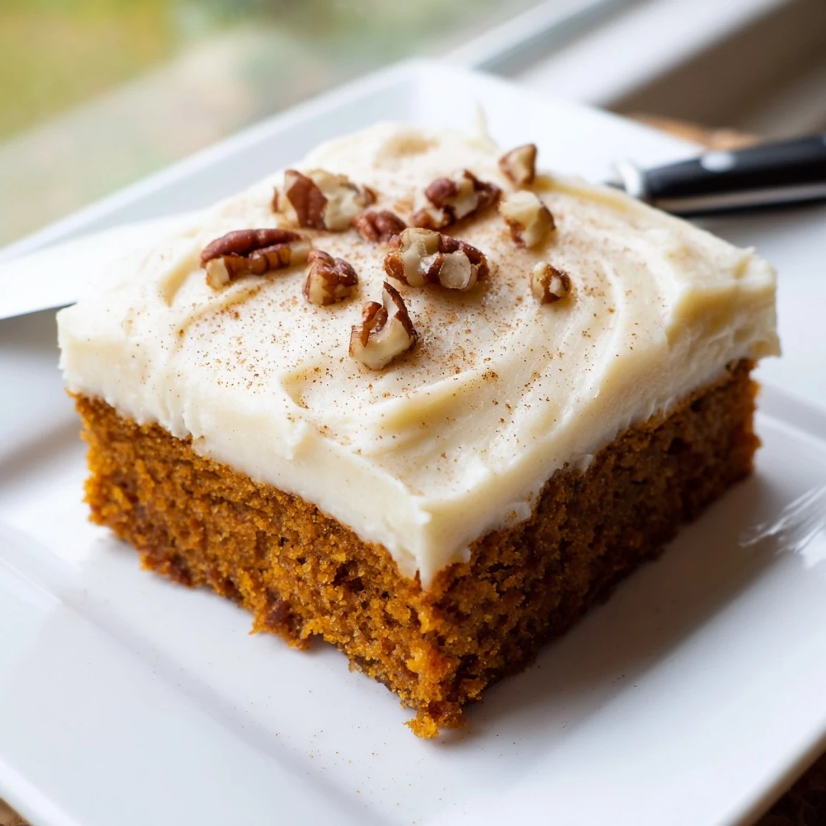 Warm spiced pumpkin bars with cream cheese frosting sliced on a rustic cutting board