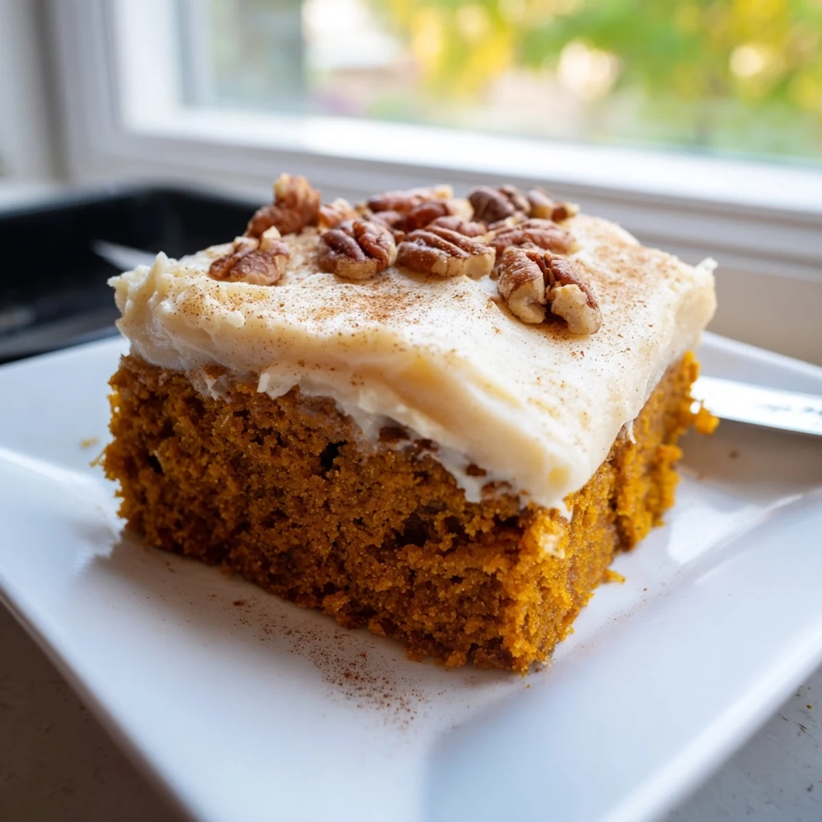 Thick pillowy cream cheese frosting spread over golden spiced pumpkin bars with cinnamon