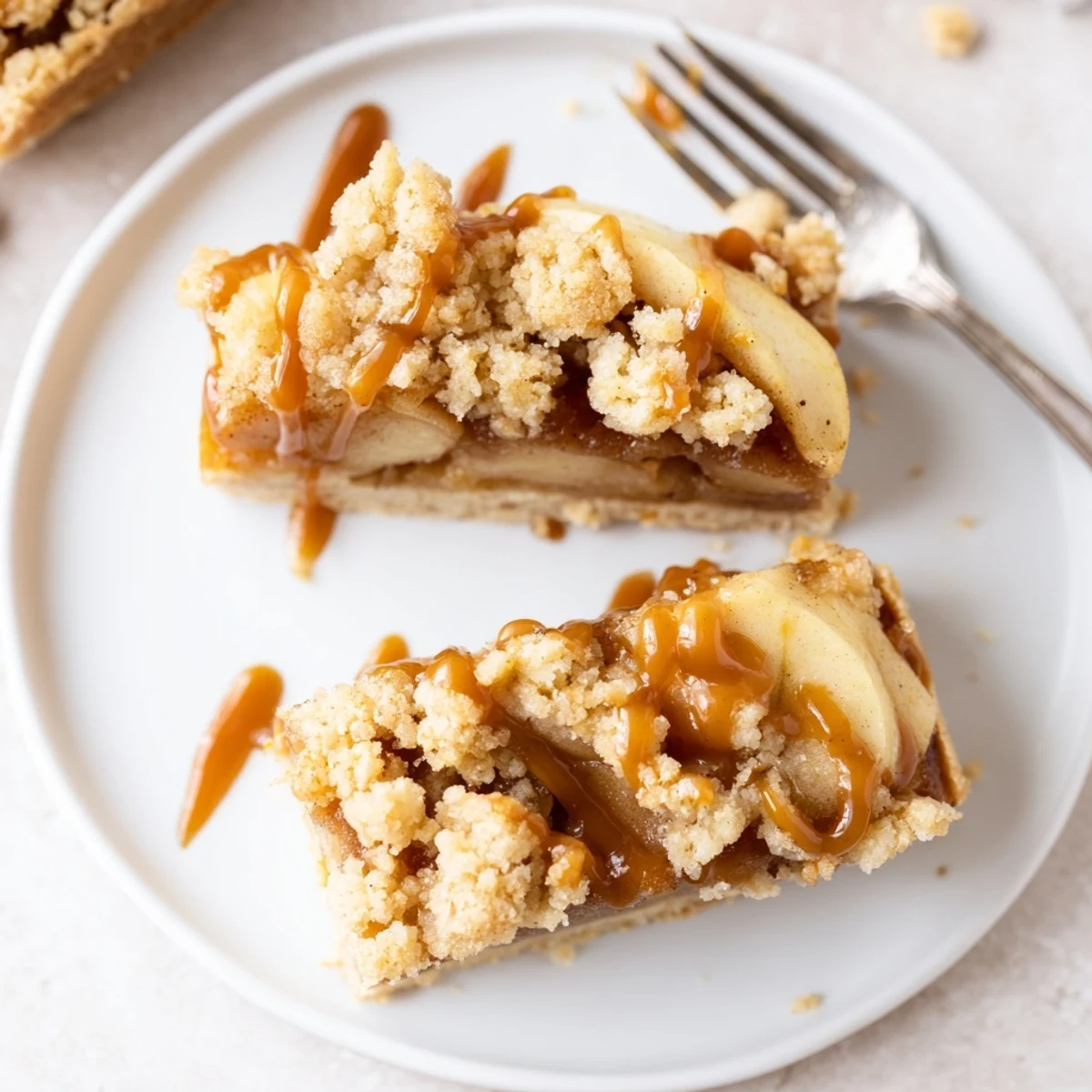Golden caramel apple crumb bars with bubbling cinnamon apples on a rustic wooden cutting board