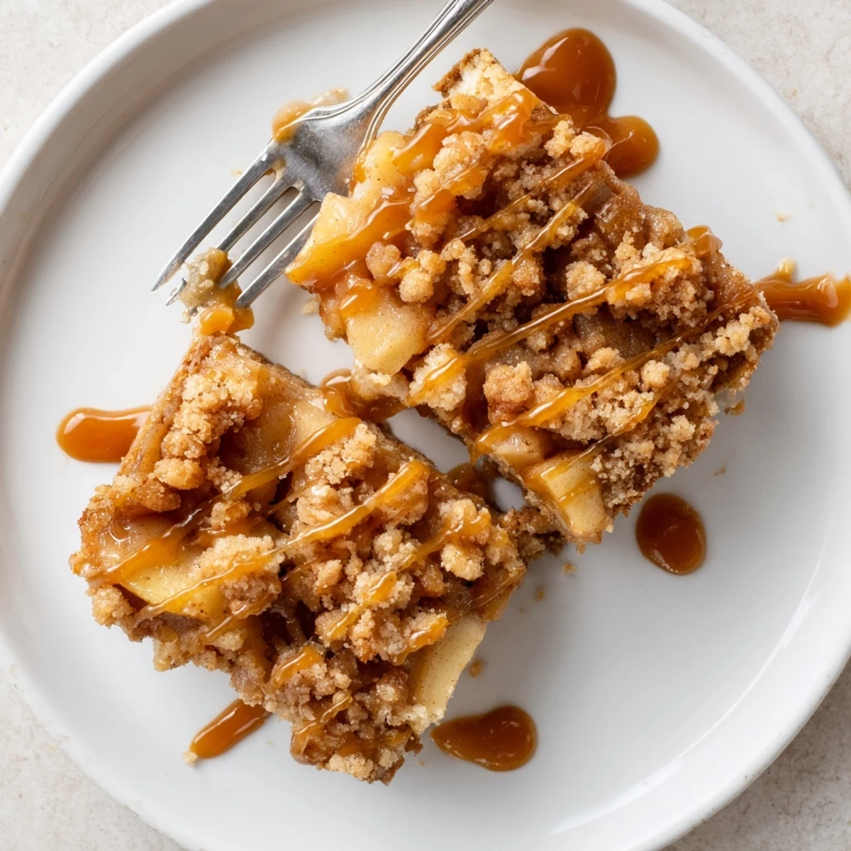 Freshly baked caramel apple crumb bars showing layers of tender shortbread crust and spiced apple filling
