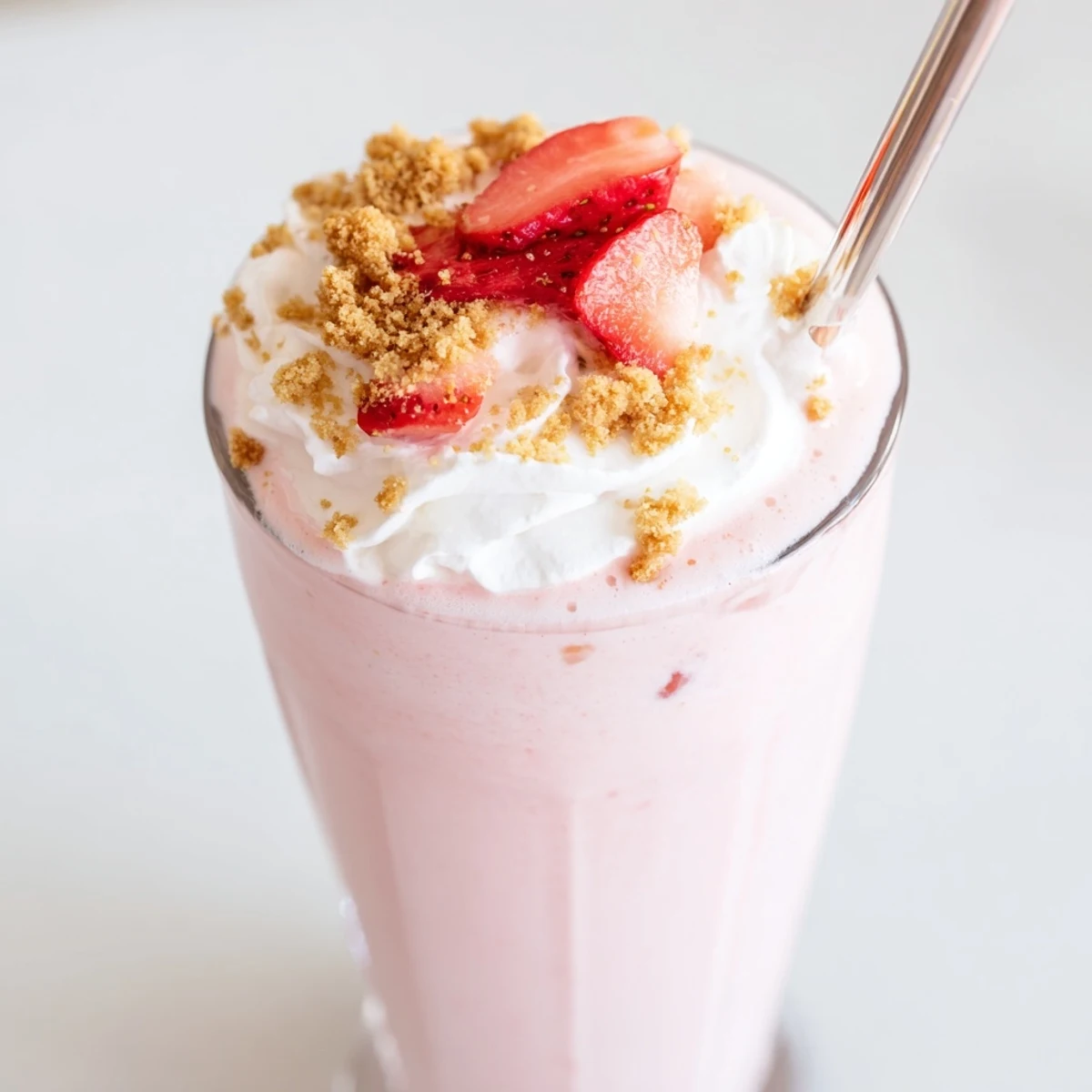 Tall glass of strawberry cheesecake milkshake topped with whipped cream and graham cracker crumbs