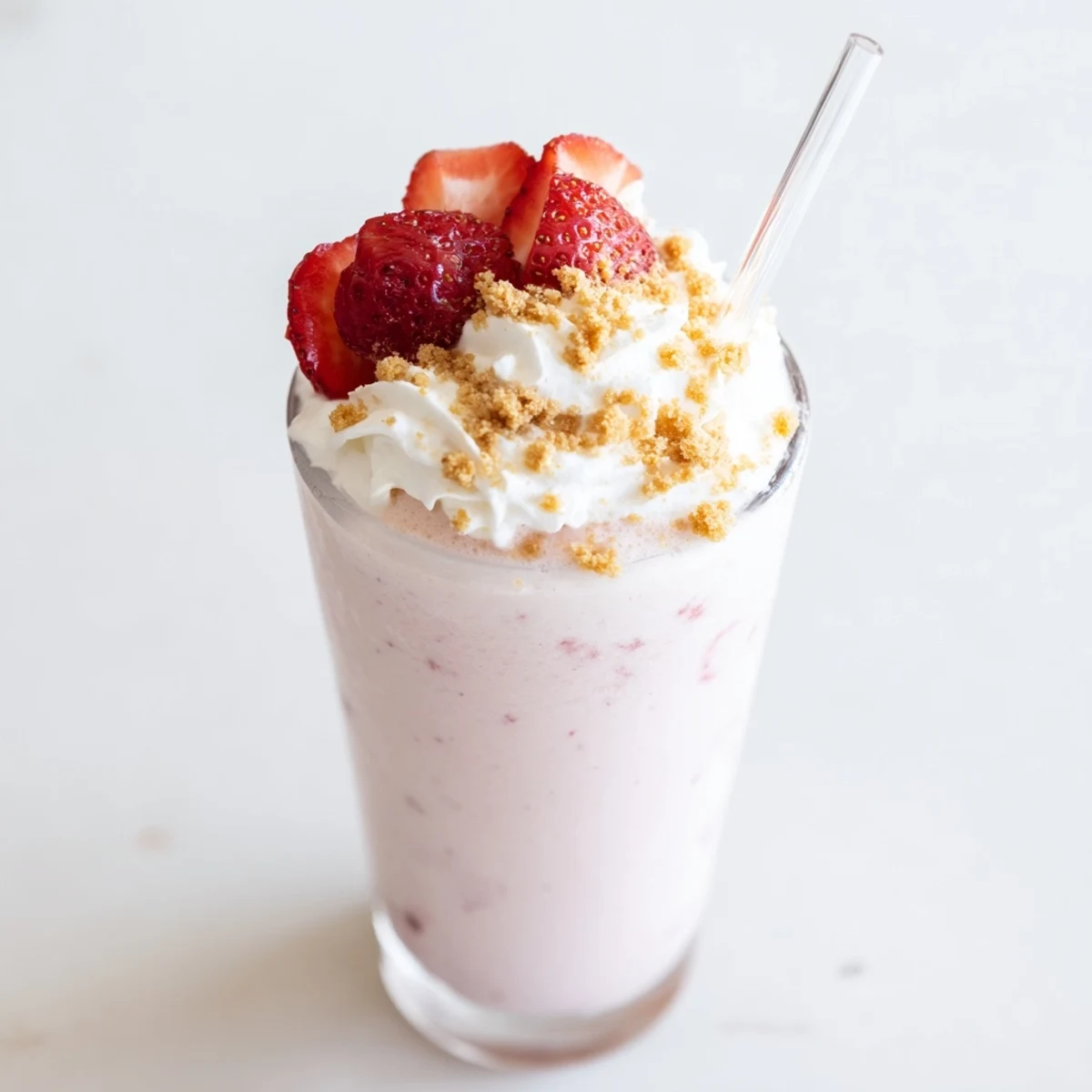 Creamy strawberry cheesecake milkshake drizzled with graham crumbs and whipped cream ready to sip