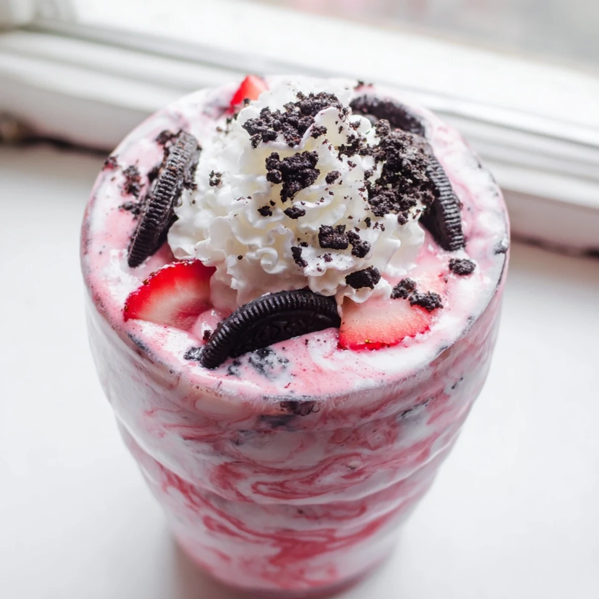 Thick pink strawberry Oreo milkshake topped with whipped cream and crushed cookie pieces in a tall glass