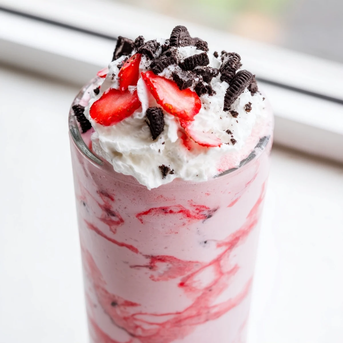 Creamy strawberry Oreo milkshake drizzled with berry sauce and garnished with fresh strawberry slices