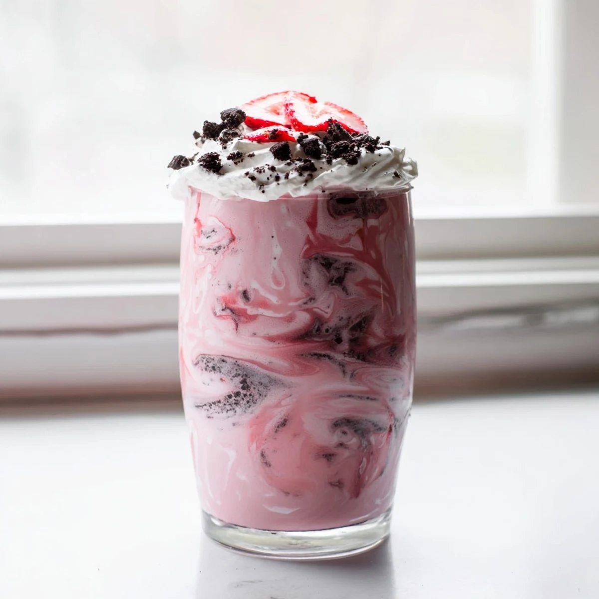 Frosty strawberry Oreo milkshake served in a chilled glass with a cookie crumb rim and dollop of whipped cream