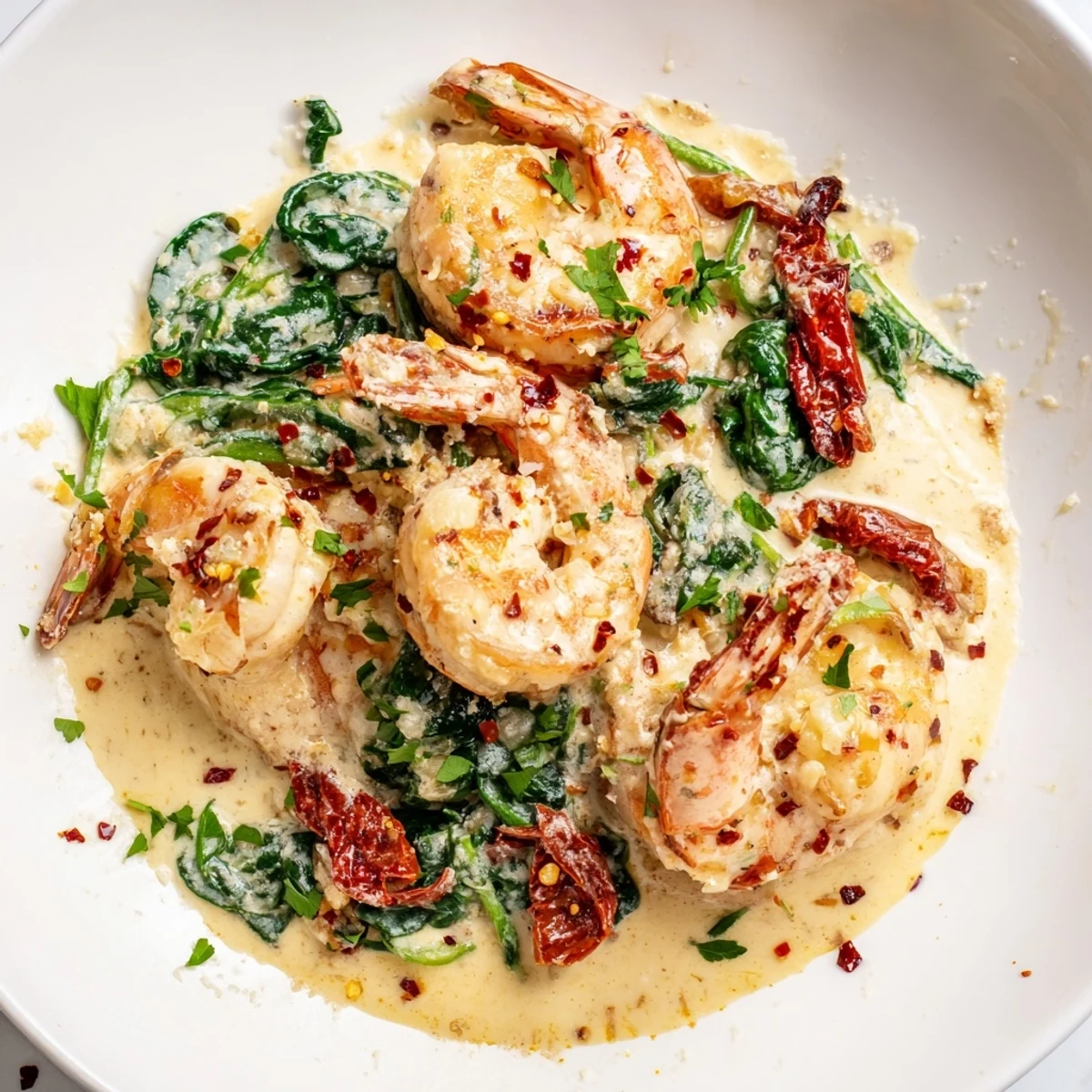 Golden seared shrimp nestled in a rich Parmesan cream sauce with sun-dried tomatoes and wilted spinach, keto creamy Tuscan shrimp served over zucchini noodles.