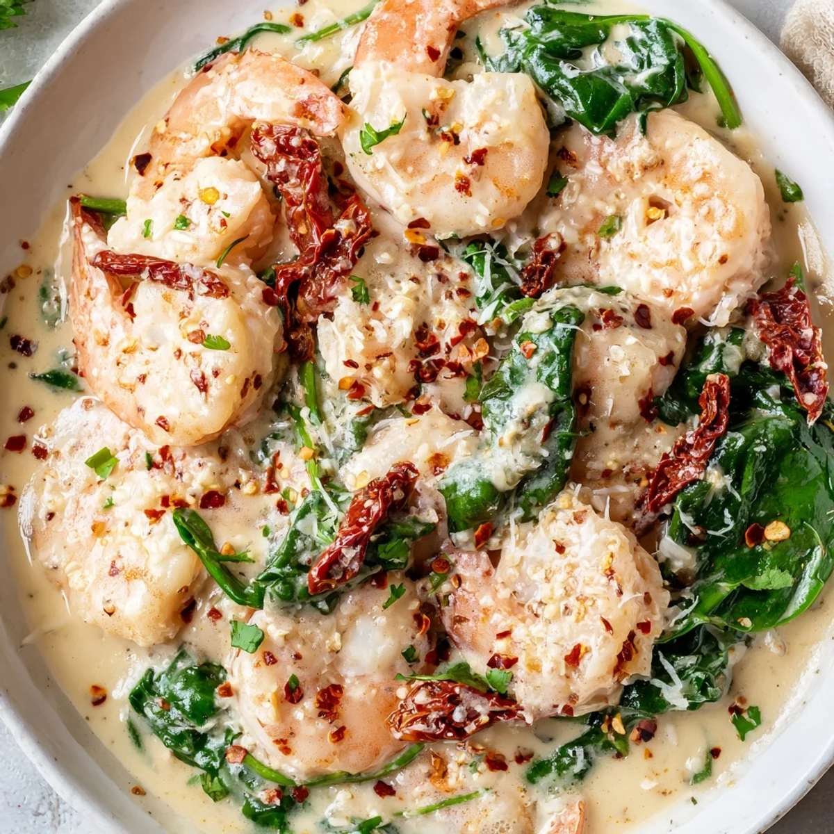 Plump pink shrimp tossed in a cheesy Tuscan cream sauce alongside sun-dried tomatoes, this keto creamy Tuscan shrimp shines on a white dinner plate.