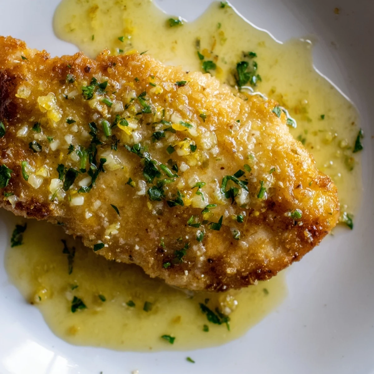 Golden lemon garlic butter chicken draped in a glossy citrus pan sauce