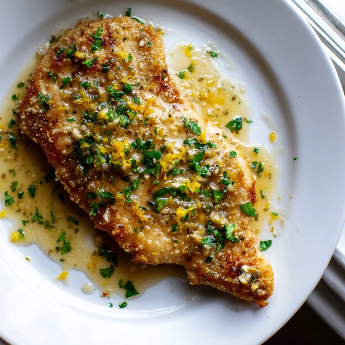 Tender pan-seared chicken breast plated with bright lemon garlic butter sauce and parsley