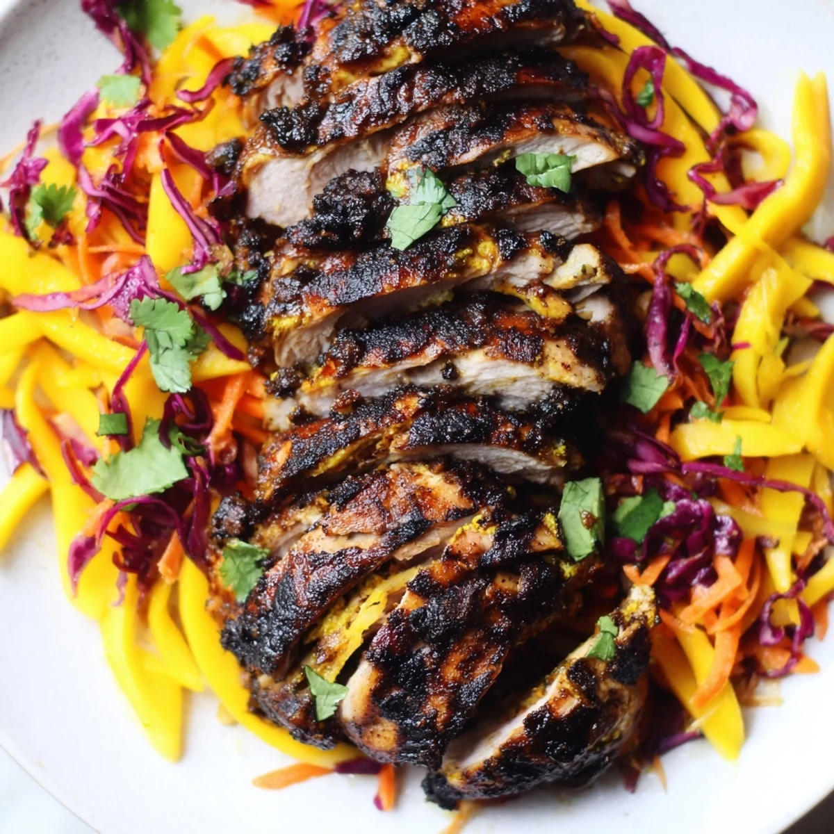 Charred spicy jerk chicken sliced over vibrant mango slaw on a white plate