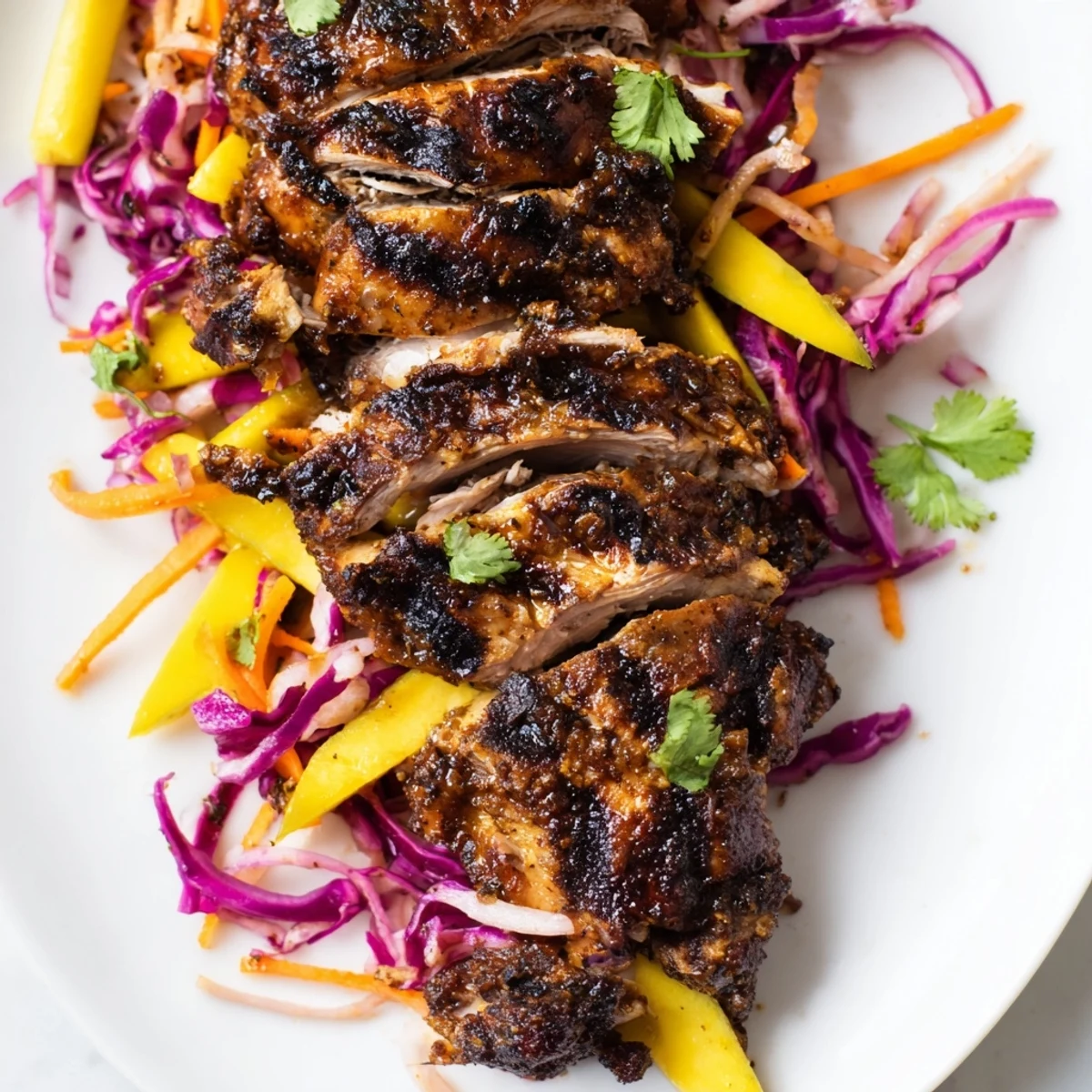 Spicy jerk chicken with mango slaw garnished with fresh cilantro and lime wedges