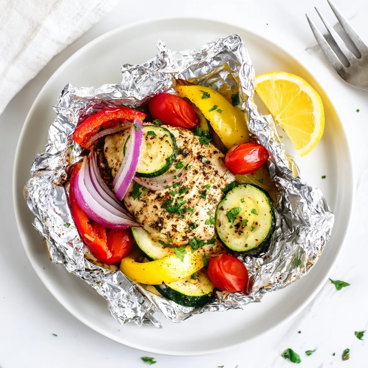 Golden chicken foil packets recipe served open on a plate with a lemon wedge