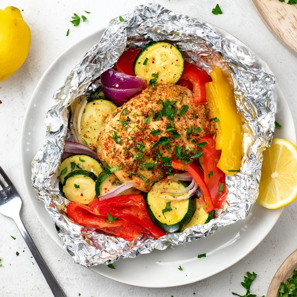 Steaming chicken foil packets recipe revealing tender vegetables and fresh parsley garnish inside foil