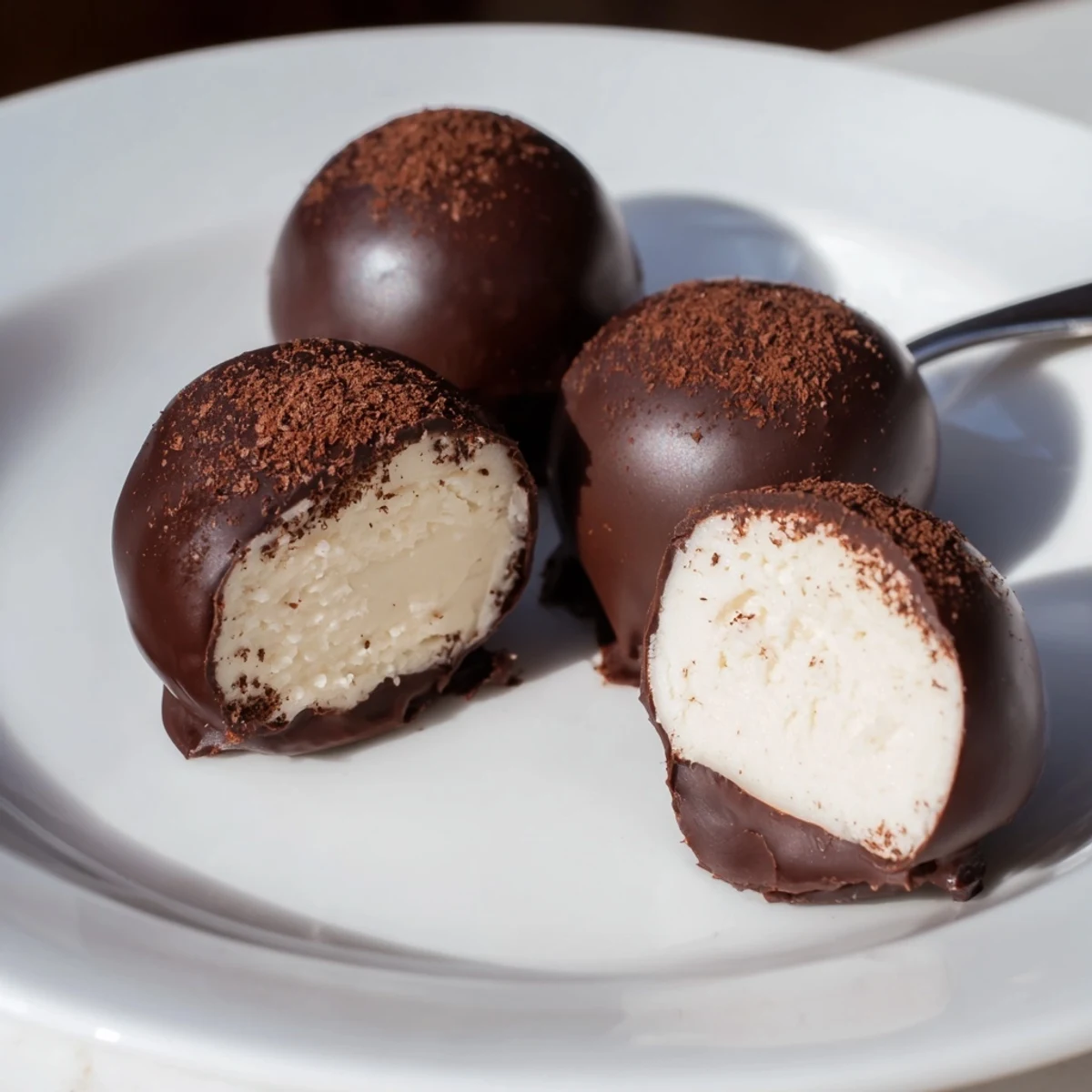 Dark Chocolate Eggnog Truffles with glossy shells, nutmeg dust, festive gift box