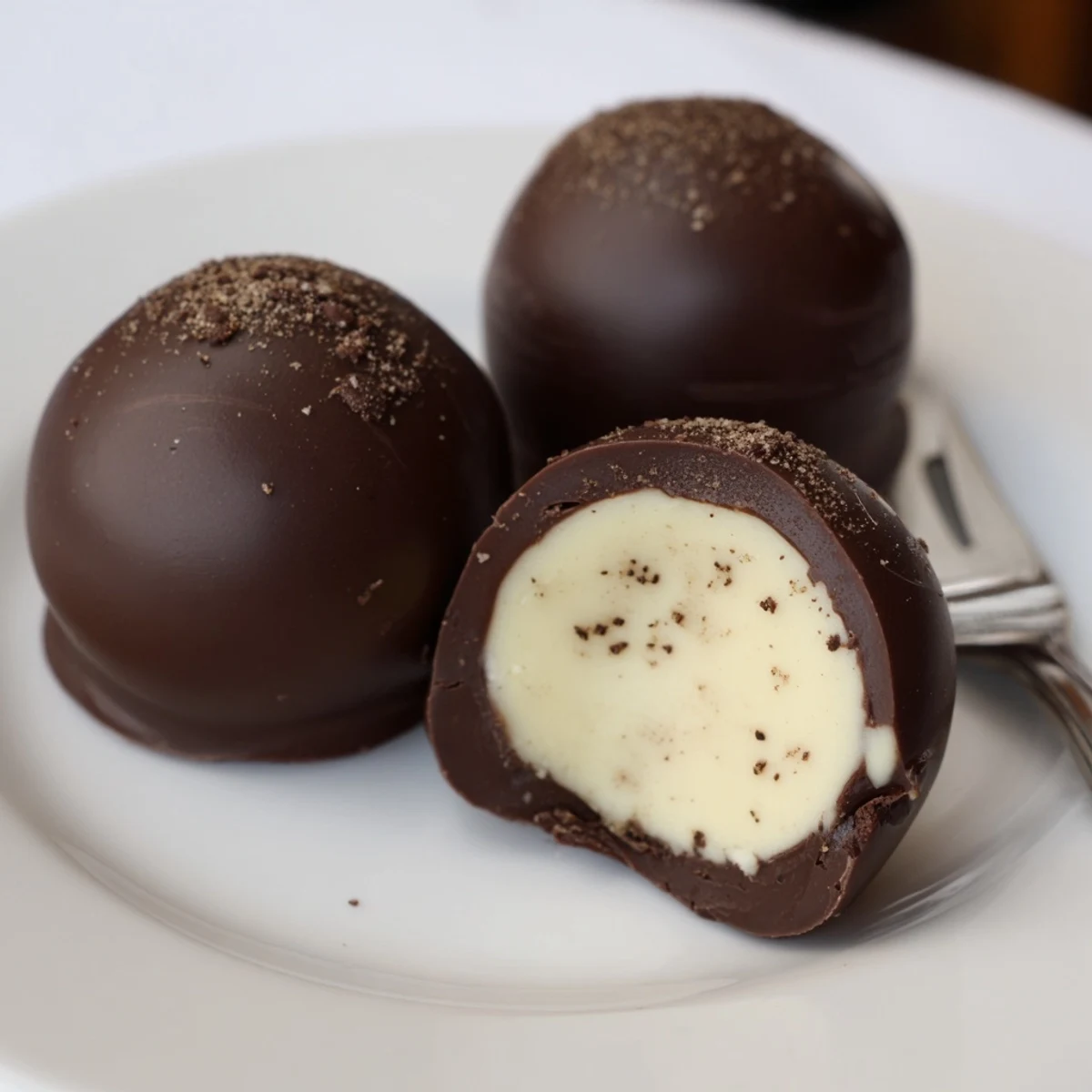 Creamy spiced center under dark shell in Dark Chocolate Eggnog Truffles