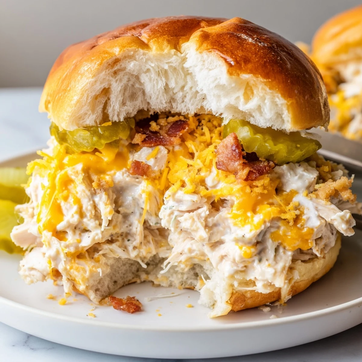 Toasted brioche Crack Chicken Sandwiches served with tangy pickles and lettuce