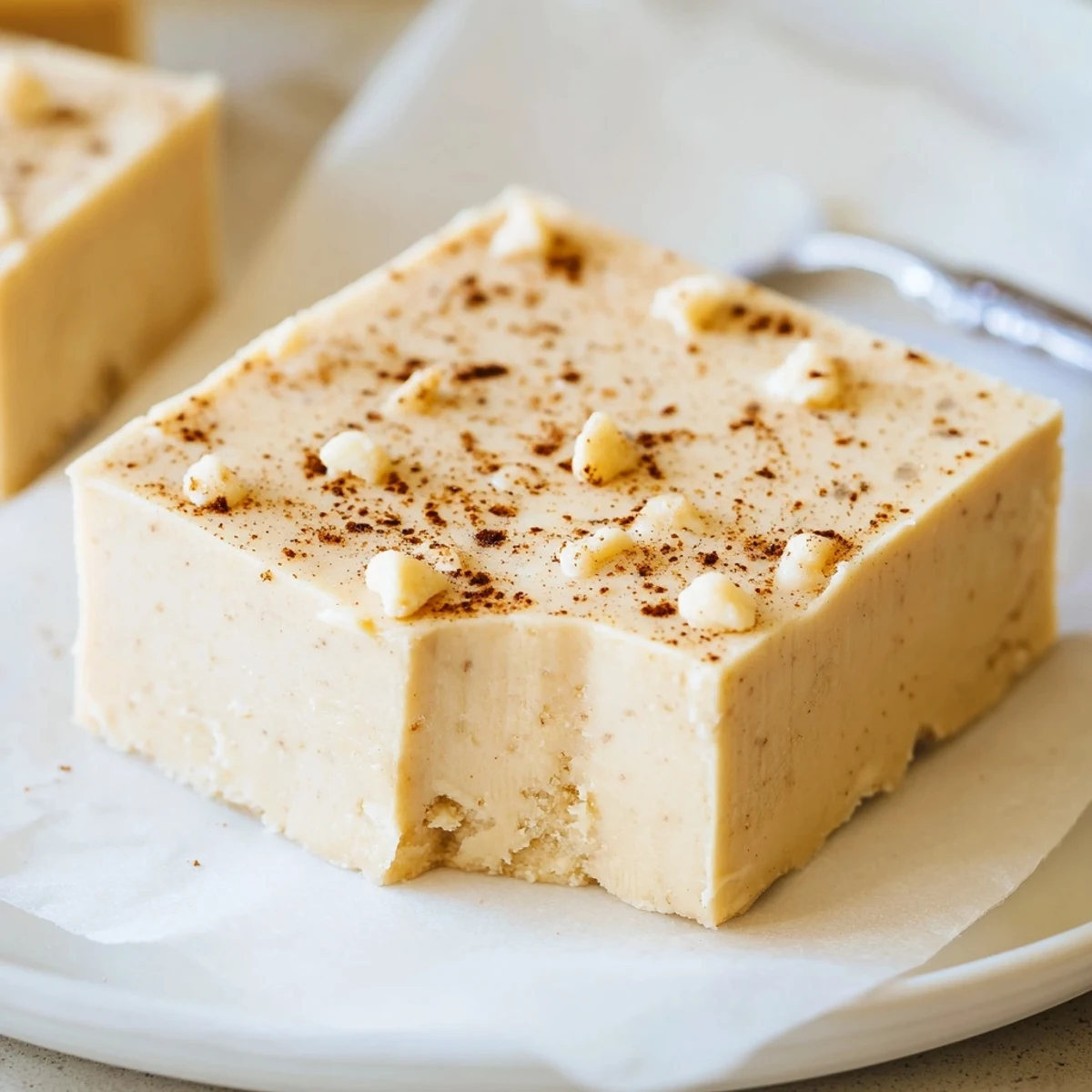 Creamy Eggnog Fudge squares dusted with nutmeg on festive plate