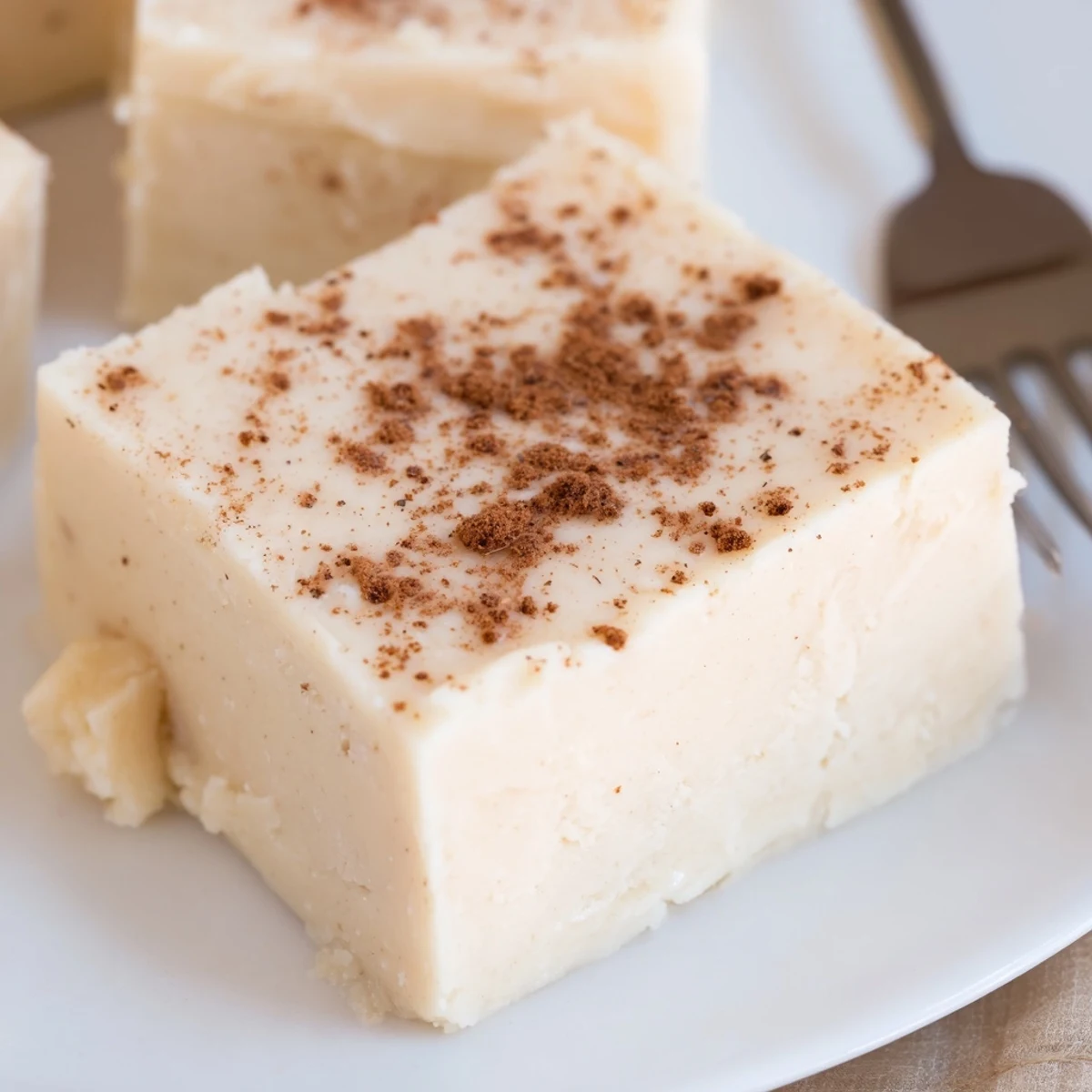 Velvety Eggnog Fudge topped with freshly grated nutmeg, served with coffee