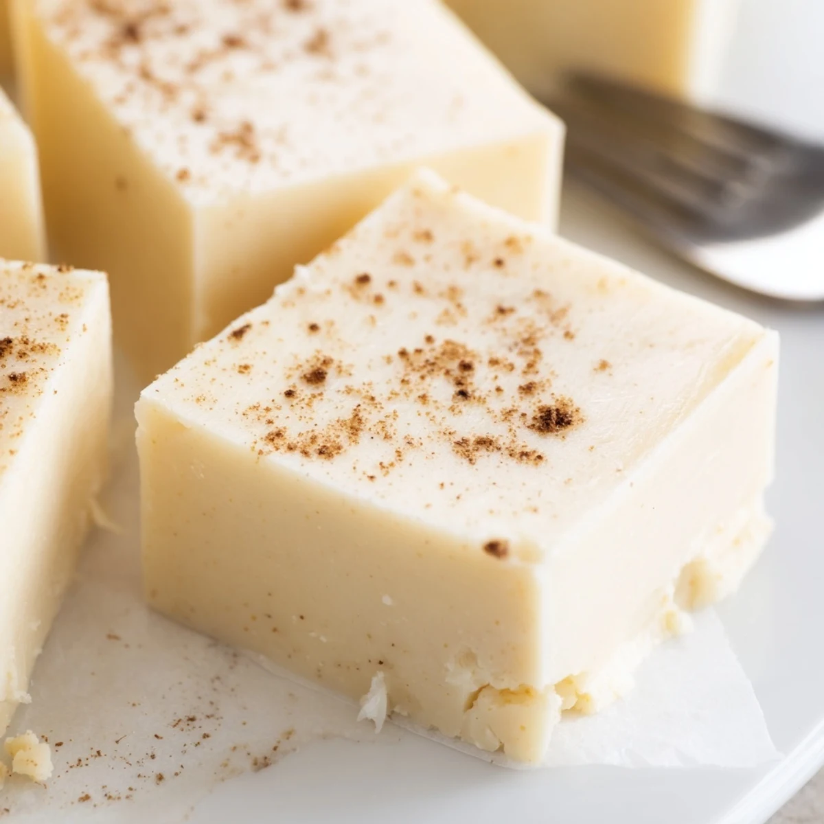 Rich Eggnog Fudge cut into bite sized pieces beside parchment lined pan