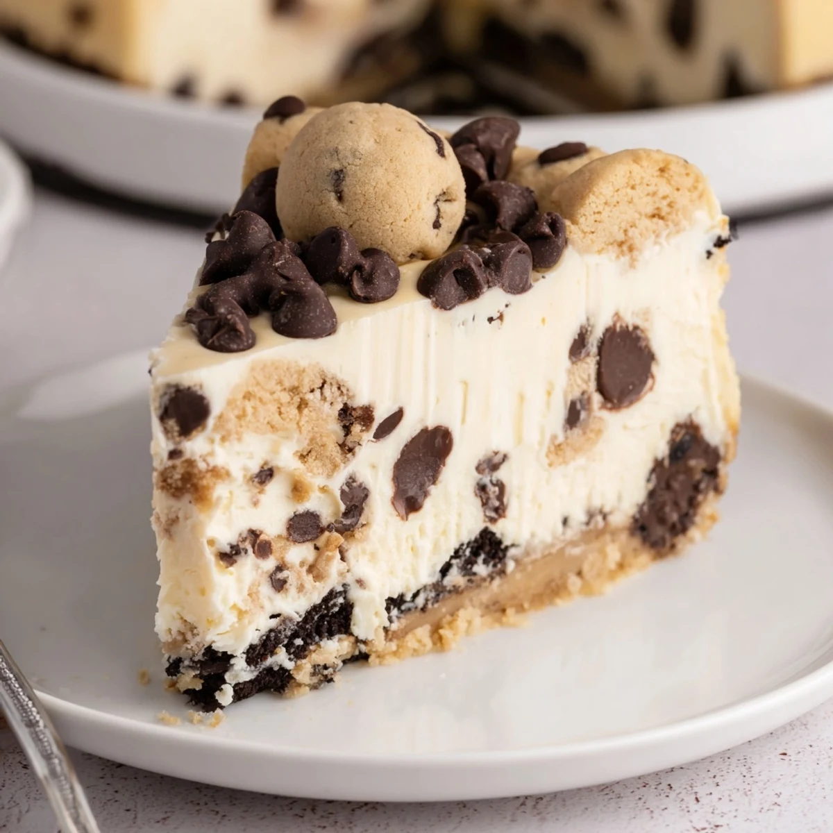 Chocolate Chip Cookie Dough Cheesecake with creamy filling, chilled on chocolate crust.