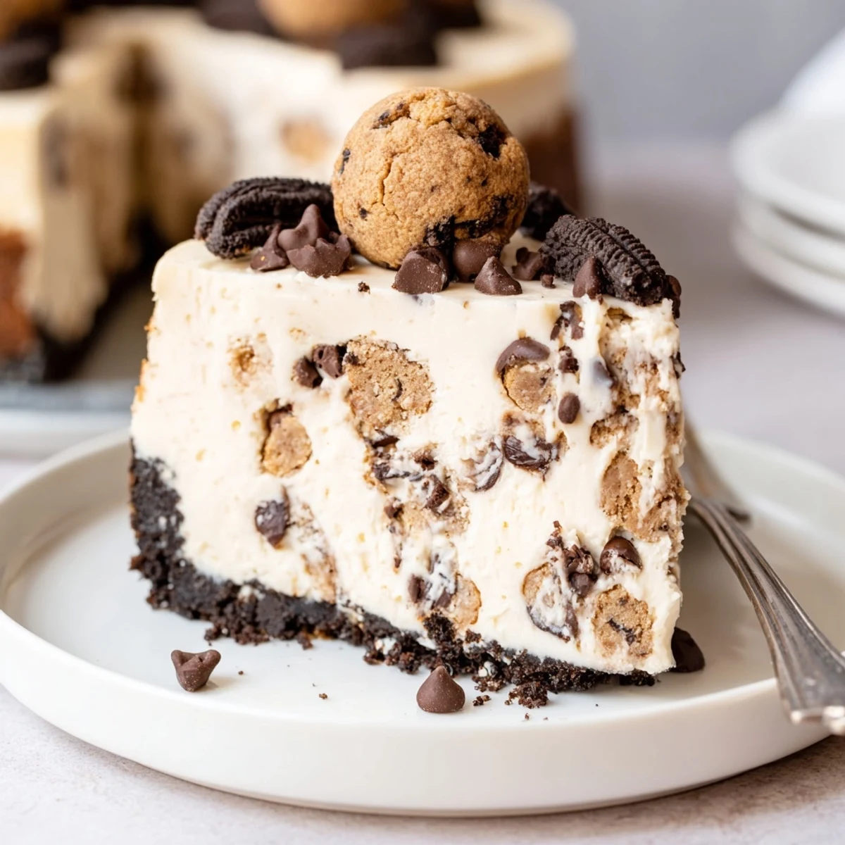 Slice of Chocolate Chip Cookie Dough Cheesecake topped with mini chips, gooey dough.