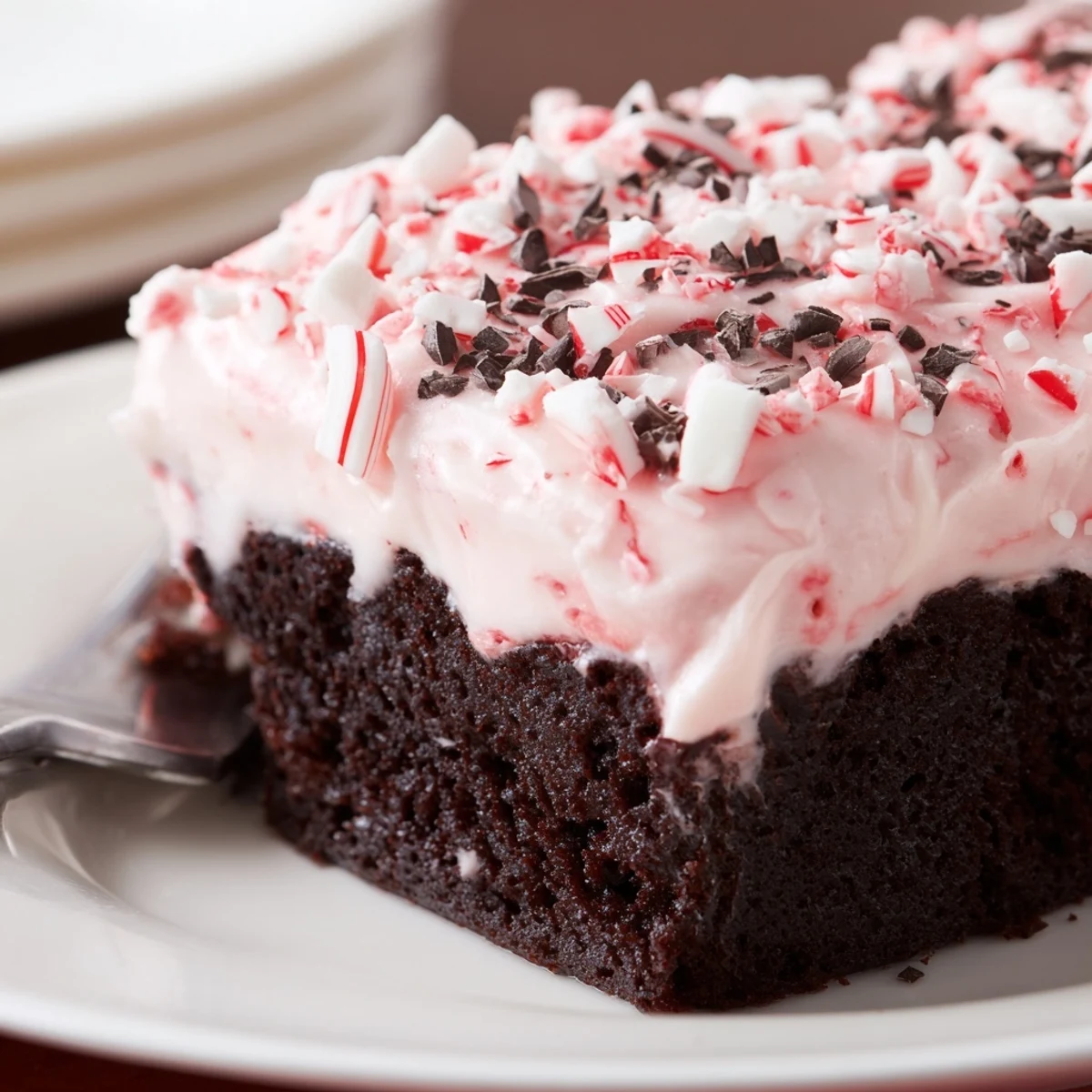 Chilled Peppermint Poke Cake slice topped with whipped cream and crushed peppermint candies