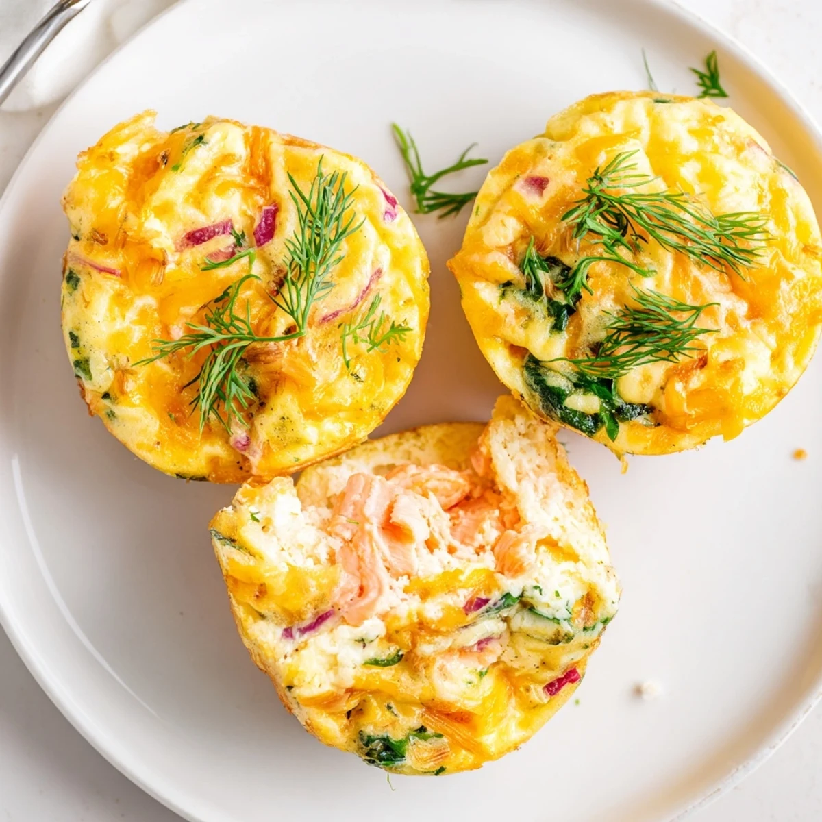 Smoked Salmon Egg Muffins fresh from oven, golden tops and dill garnish