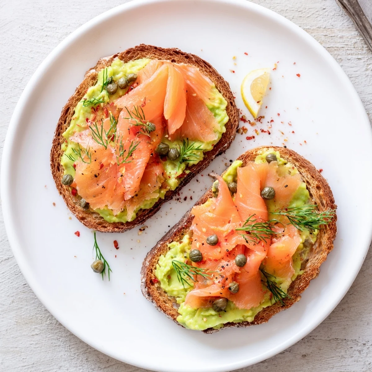 Hearty Salmon Avocado Toast topped with capers, dill, and a lemon wedge