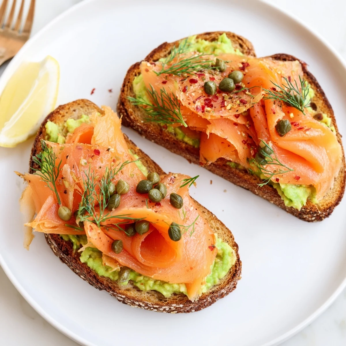 Salmon Avocado Toast on toasted sourdough layered with lemony mashed avocado