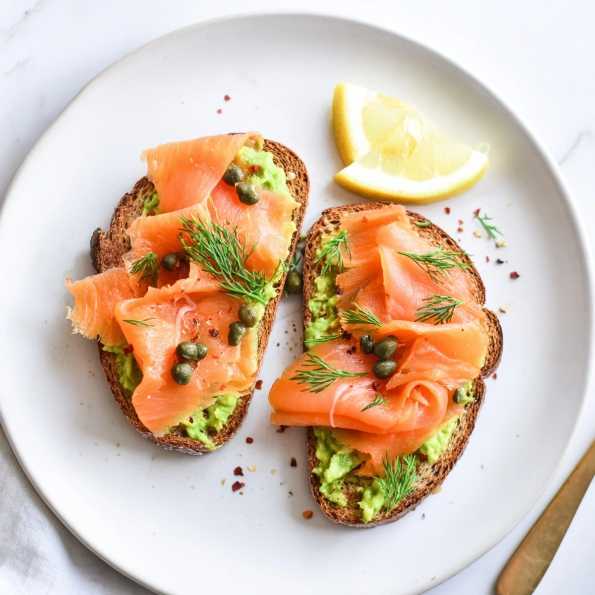 Brunch plate showing Salmon Avocado Toast drizzled with olive oil and pepper