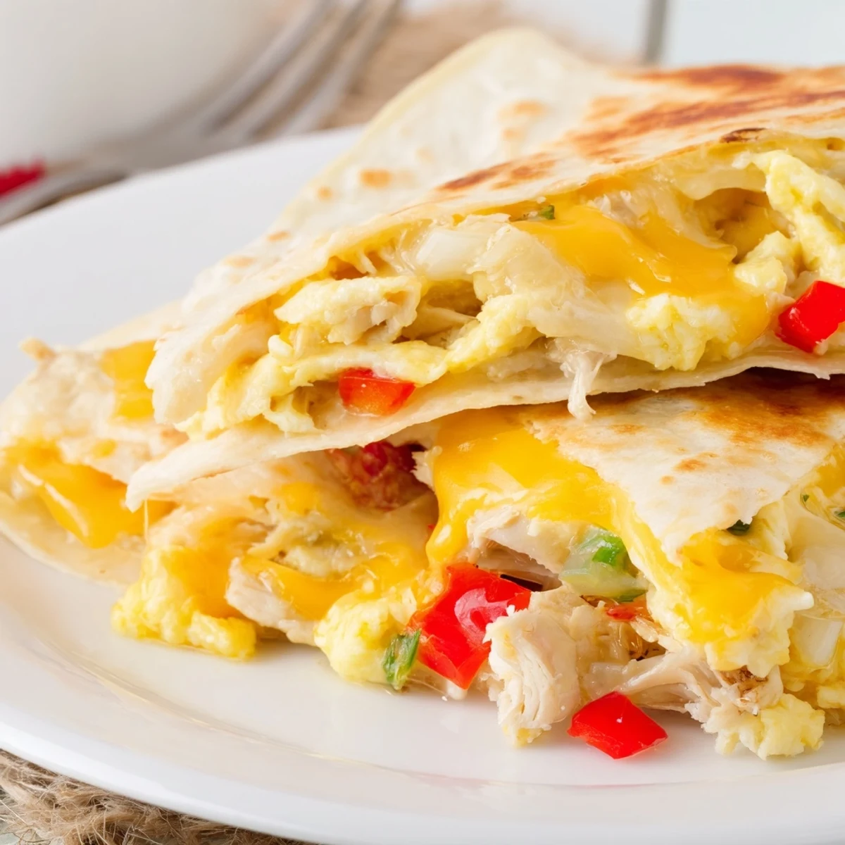 Golden Chicken Breakfast Quesadilla with melty cheddar, scrambled eggs, and peppers