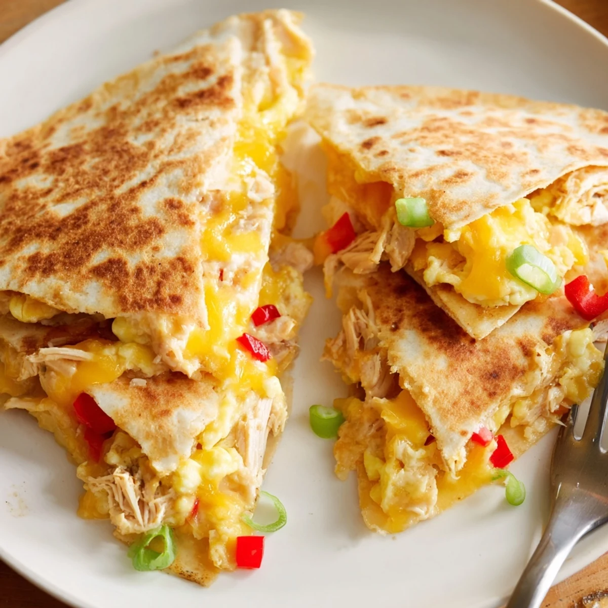 Sliced Chicken Breakfast Quesadilla on skillet, cheese oozing, served with salsa