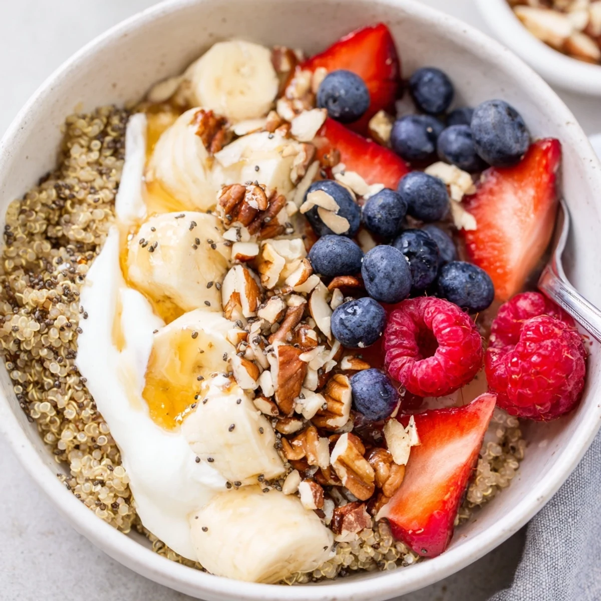 Quinoa Breakfast Bowl with fluffy grains, berries, banana slices, and crunchy nuts.