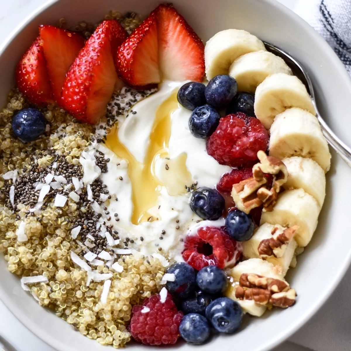 Warm, steaming Quinoa Breakfast Bowl garnished with sliced banana and chia seeds.