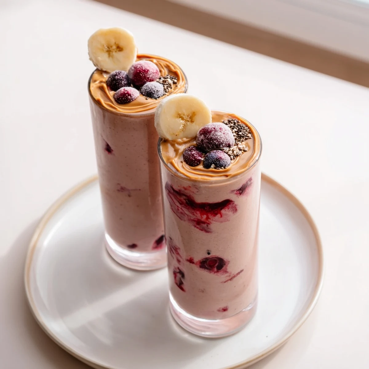 High Protein Smoothie poured into glass, velvety banana-berry swirl, morning pick-me-up.