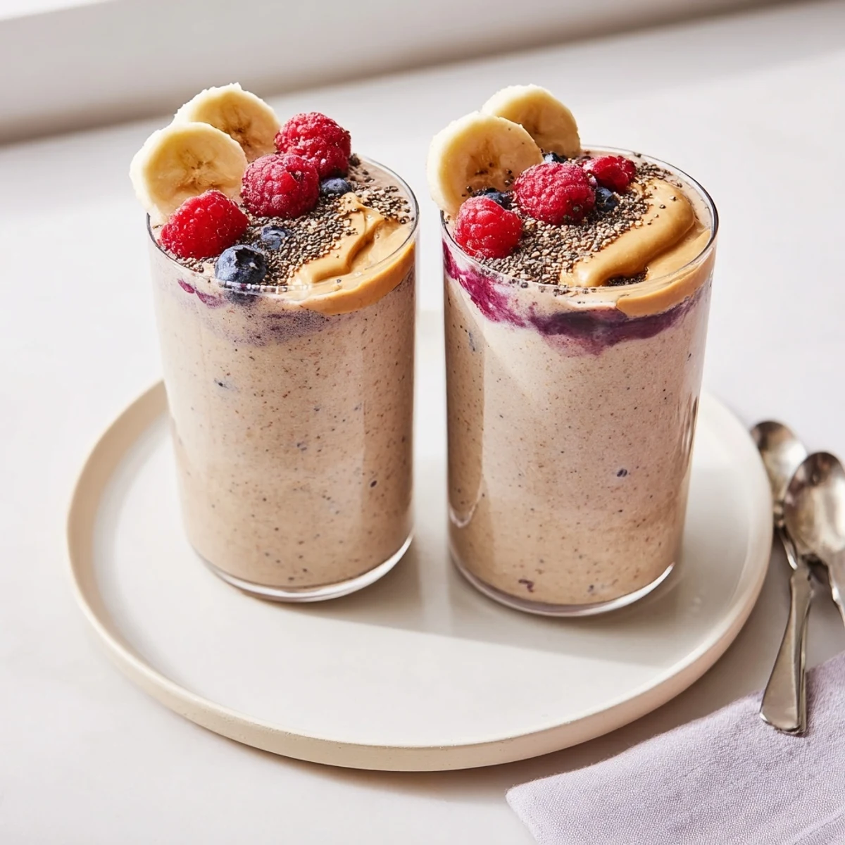 Chilled High Protein Smoothie topped with peanut butter drizzle, two glasses ready.