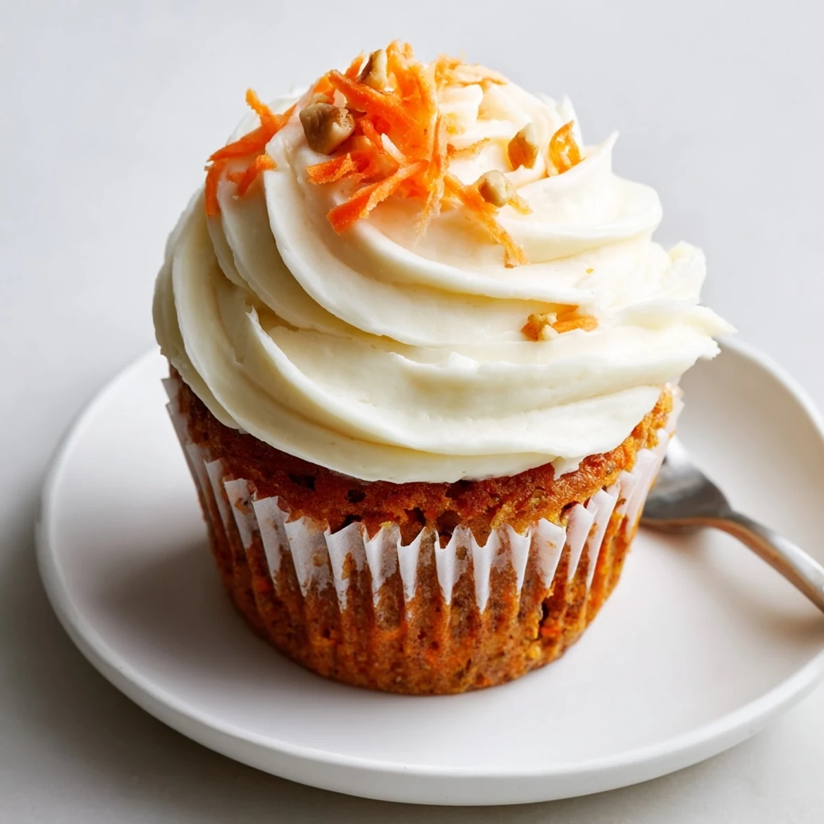 Moist Carrot Cake Cupcakes with creamy frosting swirls and toasted pecan garnish