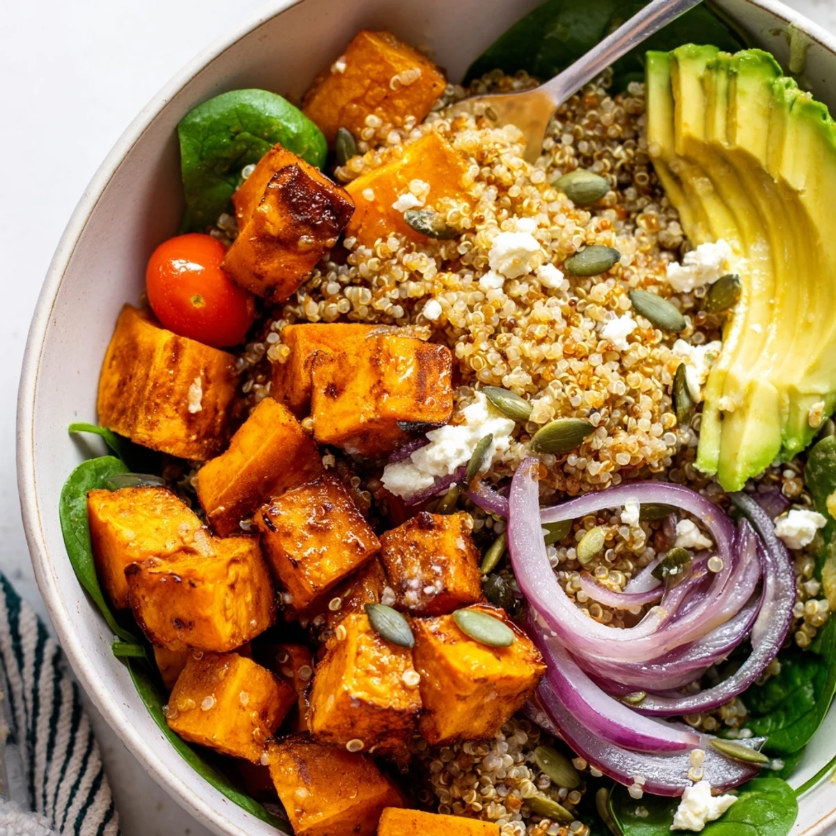 Roasted Sweet Potato Quinoa Salad Bowl with caramelized cubes, fluffy quinoa, lemon tahini drizzle