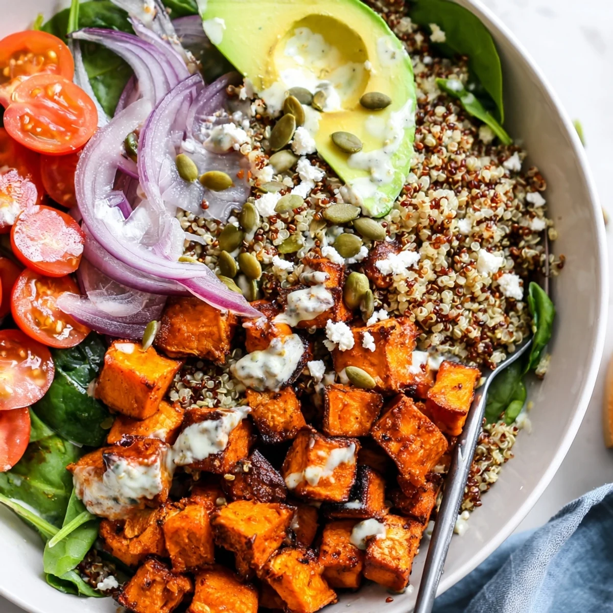 Bright Roasted Sweet Potato Quinoa Salad Bowl topped with crunchy seeds and feta