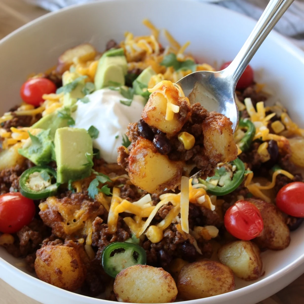 Loaded Potato Taco Bowl with crispy roasted potatoes, melted cheddar, and cilantro