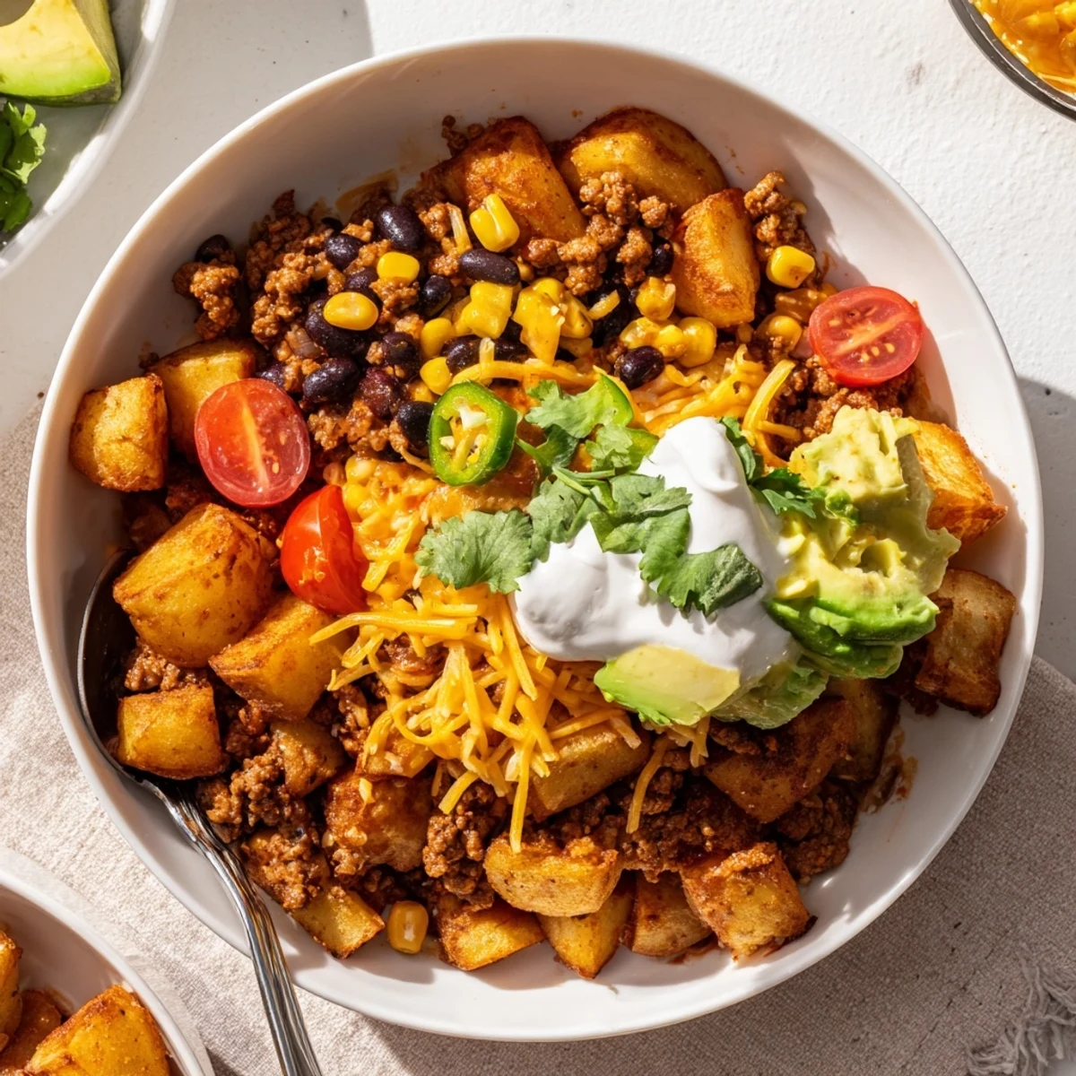 A vibrant Loaded Potato Taco Bowl topped with avocado, black beans, and lime
