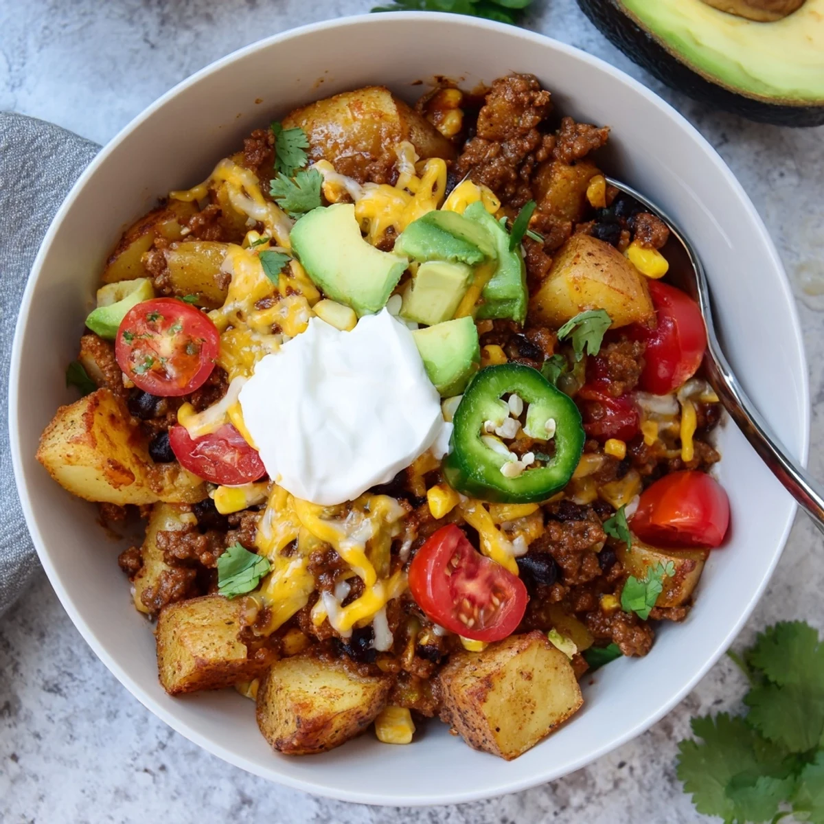 Homestyle Loaded Potato Taco Bowl served warm, smoky paprika potatoes and creamy sour cream