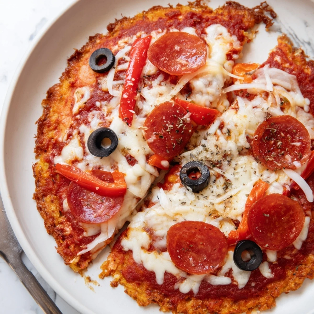 Keto Pizza With Crispy Low Carb Crust with bubbling cheese and pepperoni