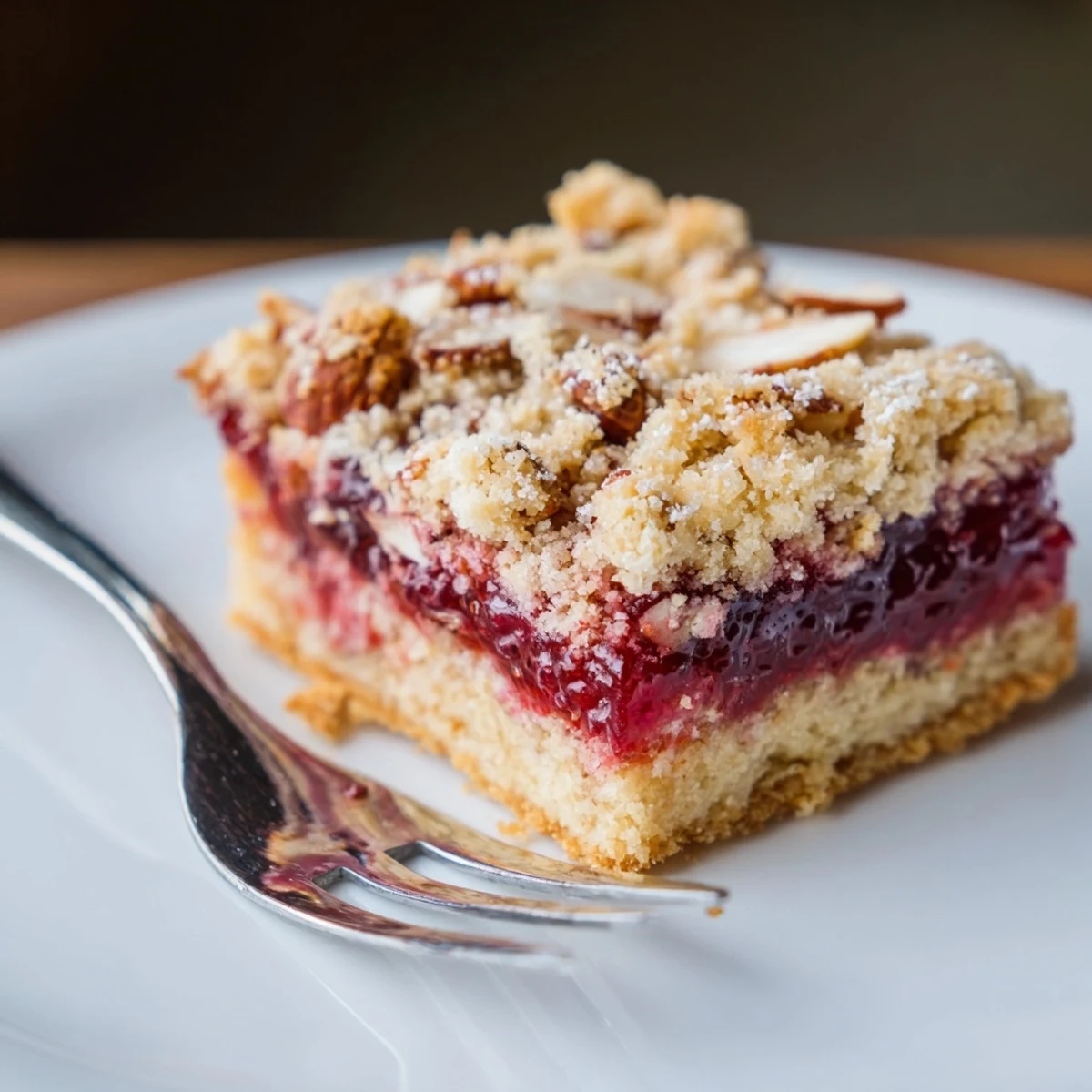 Sliced Raspberry Almond Bars plated with vanilla ice cream and powdered sugar