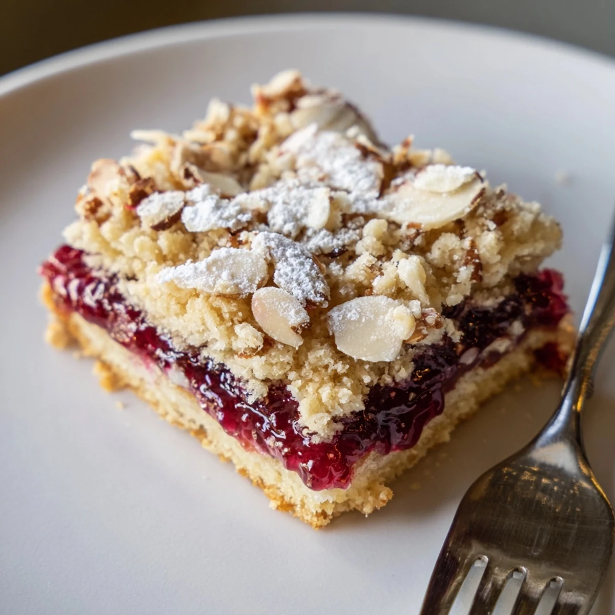 Raspberry Almond Bars cooling in pan, golden crumble with glossy jam center