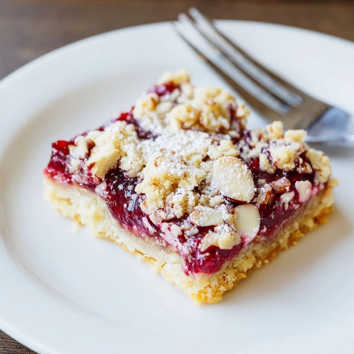 Buttery Raspberry Almond Bars sprinkled with toasted almonds, ideal for afternoon coffee