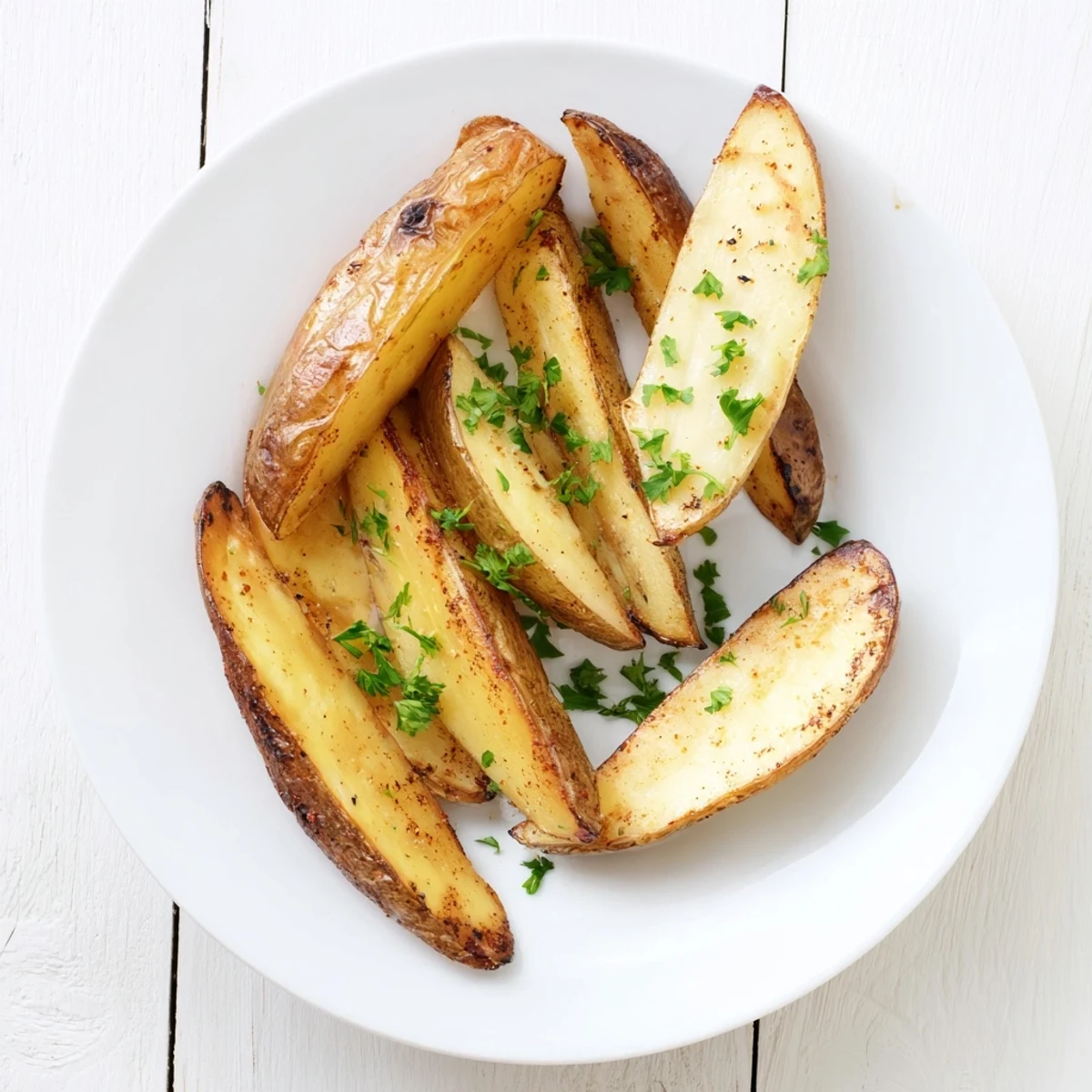 Potato Wedges crisped golden with paprika, baked and served steaming with ketchup.